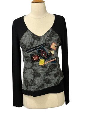 Aventures des Toiles Women's Artsy Knit Top Patchwork V-Neck Size 38 / US 6-8